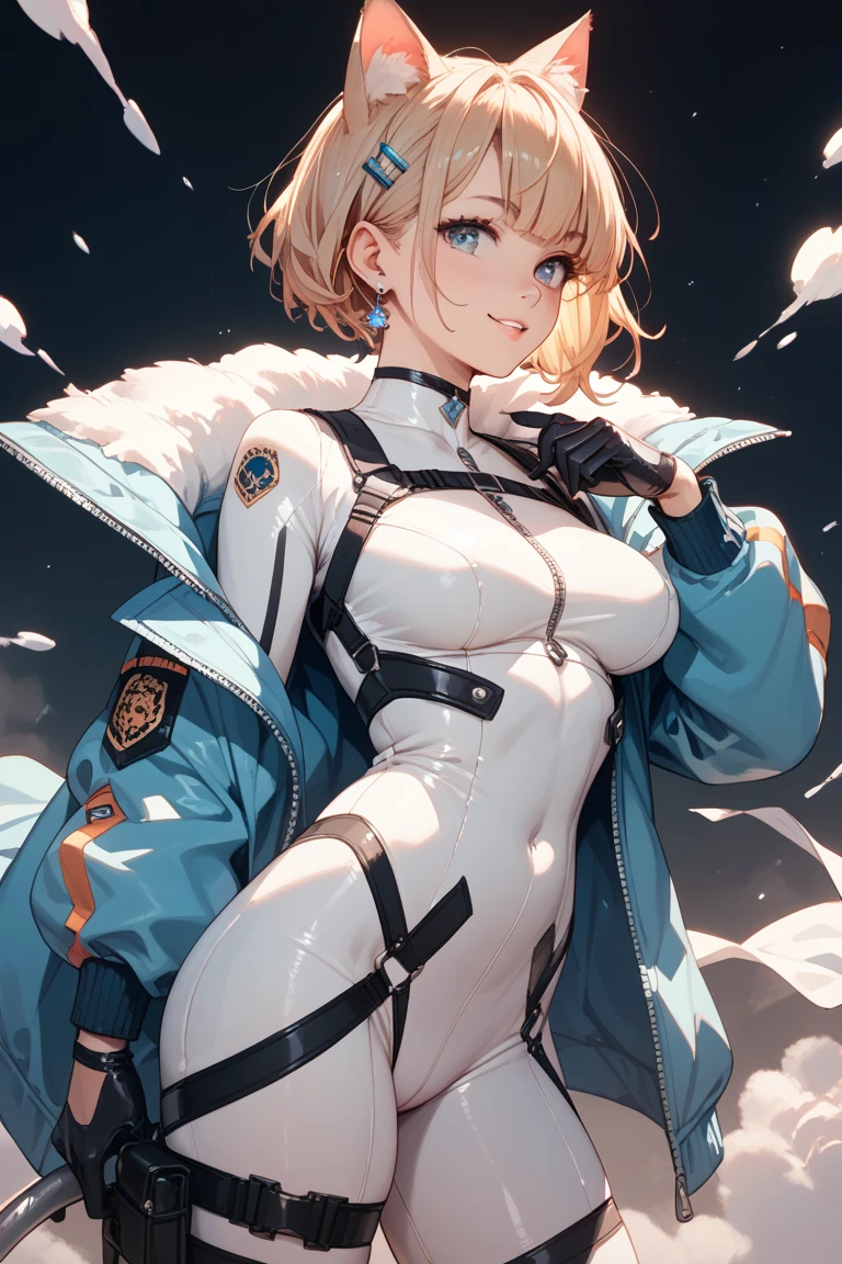1girl,solo,super detailed skin,shiny skin,tanned skin,angelic smile,pale blonde hair,short hair,hime cut,blunt bangs,beautiful detailed eyes ,eyelashes,lips gloss ,large breasts,asymmetry body suit,Shinobi clothes,night road,sitting ,vehicle focus,masterpiece,best quality,ultra detailed,high resolution,sharp focus