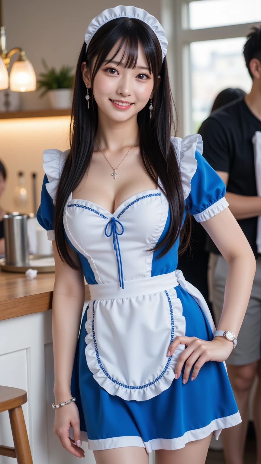 ((highest quality, 8k, Representative works in detail, Ultra-high resolution)), (Looking at the audience), (Cowboy Shot), Attractive woman, ((Big Breasts)), smile, ((black choker)), Slim figure, (Blue contacts), Long eyelashes, bangs, Beautiful shiny brown hair, Nogizaka Idol, Slim face、((Coffee shop、apron))
