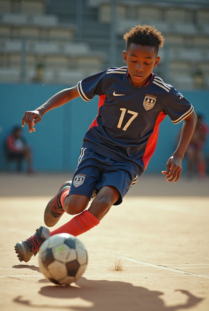 The boy is standing on a small mound of earth, allowing you to have a clear view of the game that is happening on the field. His face expresses a mixture of admiration and excitement as he watches the players run after the ball, driblando e trocando passes. Your eyes are fixed on the game, and he's smiling, Capturing the joy and excitement that football can bring.