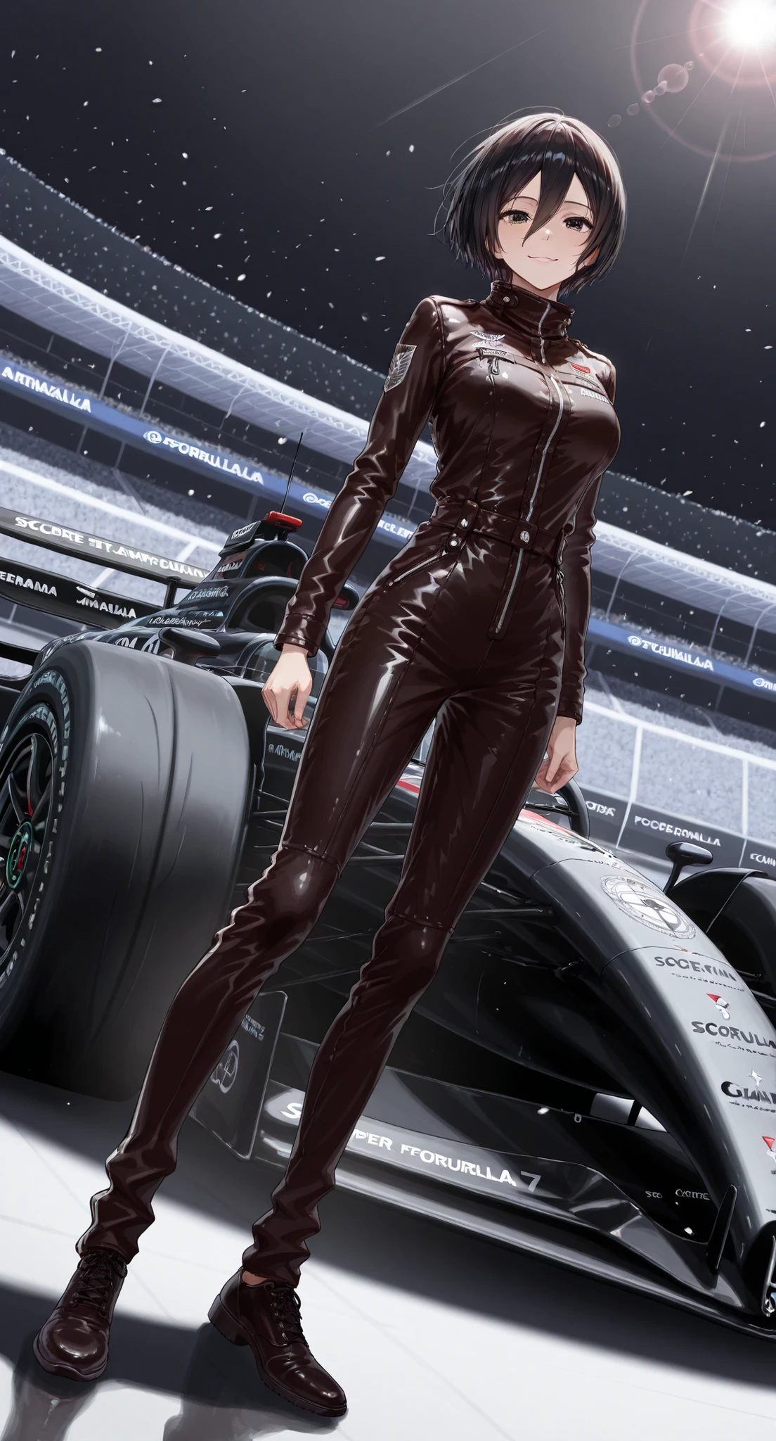 core_9, score_8_up, score_7_up, super detail , high details , high quality , best quality , highres , 4K Dynamic angle, front, Mikasa Ackerman, standing, full body, black leather jumpsuit, (A woman stands next to a formula car) uhd , retina , masterpiece , ccurate , anatomically correct , textured skin (Black short hair) smile blanck Formula car Stand on the grid at the circuit Sunny day with spectators in the stands lens flare