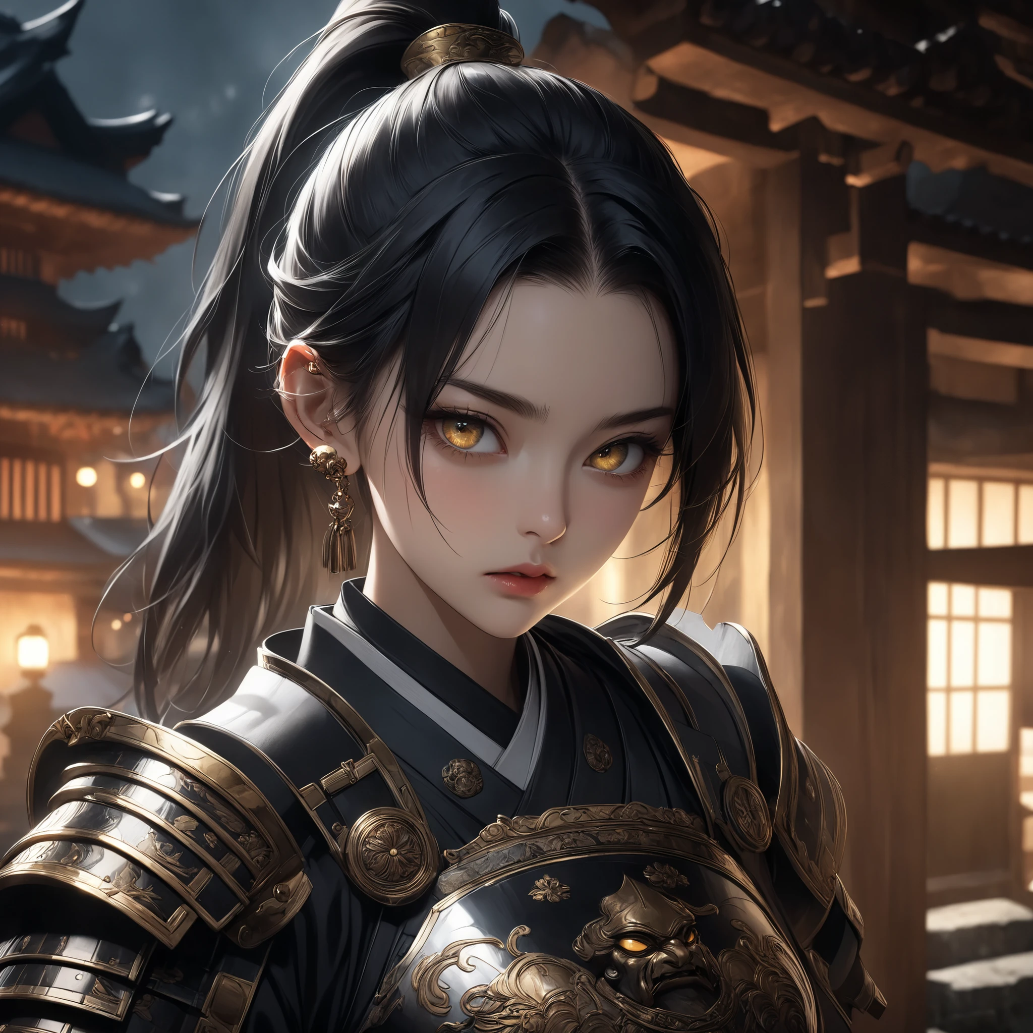 ((extreme quality)), ((Masterpiece)), ((Enrich the picture,Masterpiece level quality)), black hair, high ponytail, medium breasts, golden eyes, fierce woman, ultra eyes details, RAW 4K, Realistically , ((great effect to highlight the subject)) , ( cinematic lighting, moody, textile shading), perfect proportions, ultra detailed, volumetric lighting, soft lighting, glossy skin, beautiful face, Special face details, strong emotions, elegant gesture, Detailed facial features, Long eyelashes, contrast, Incredible atmosphere, Fascinating setting, Haunting beauty , ear rings, samurai, heavy samurai armor, rooftop town gate, castle view, hips up,