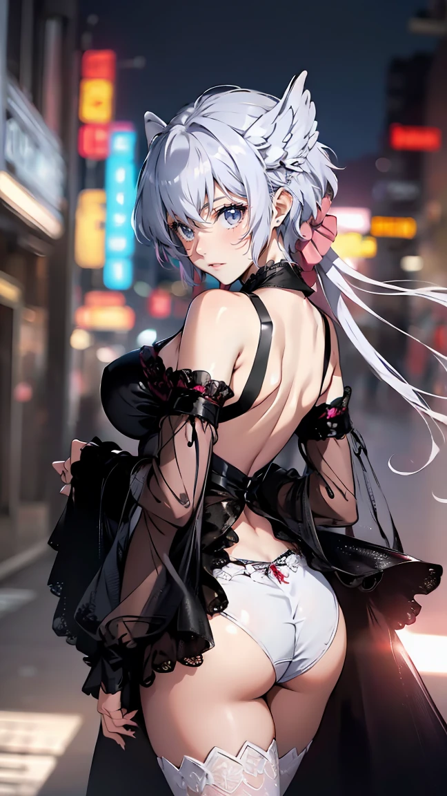 masterpiece, Highest quality, beautiful girl, Slender body, Large Breasts, , Princess Night, beautiful, Fine silver hair and blue eyes, Shoulder-length hair, Very detailed, ultra-Realistic, attractive physique, elegantな青いドレス, mini skirt, Frills, Off the shoulder, Subcolor is white, Black corset, Black garter belt, photoRealistic, masterpiece, 8k, Cinema Lighting, Dramatic composition, Soft pastel colors, beautiful fingers, Delicate skin, elegant, An innocent smile, Written boundary depth, Urban Background, (Highest quality,4K,8k,High resolution,masterpiece:1.2),Very detailed,(Realistic,photoRealistic,photo-Realistic:1.3