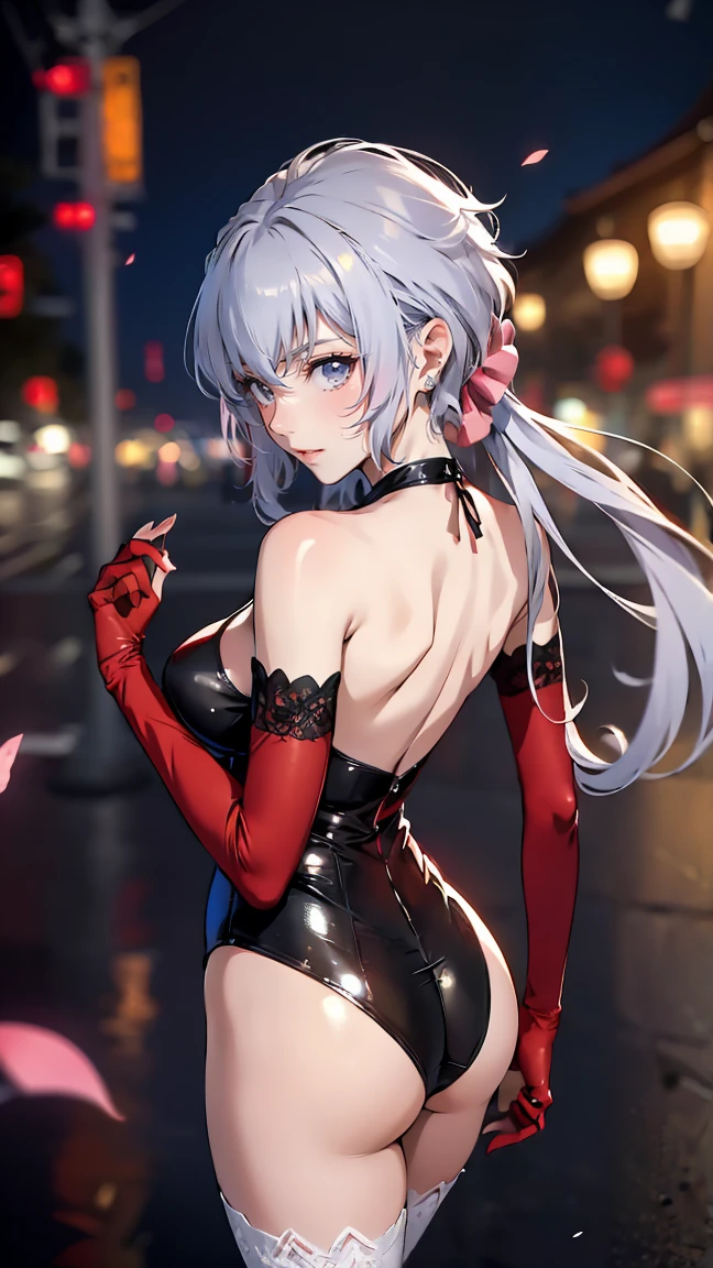 A anime mature woman with long ponytail silver,she is a vampire,she had a red eye,she wearing a red dancer egyptian dress,she was dancing,scenery is fancy festival at night behind her