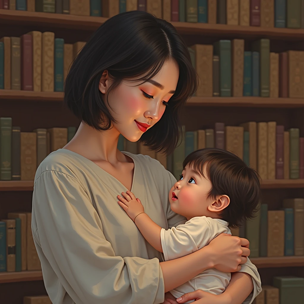 The background is a bookshelf. A woman holding a child. The child is one and a half years old. The woman is looking forward. The woman is a Korean idol with a bob hairstyle. The woman is smiling.