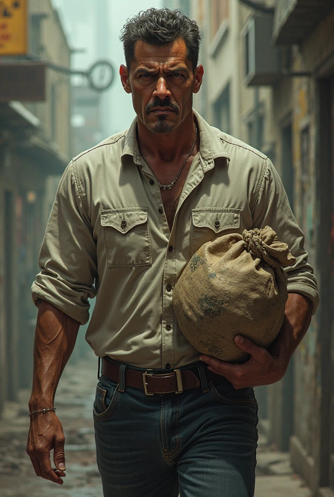 Man lifts 10 sacks of rice with a pained expression on his face, Tense muscles, photos, realistic, best quality