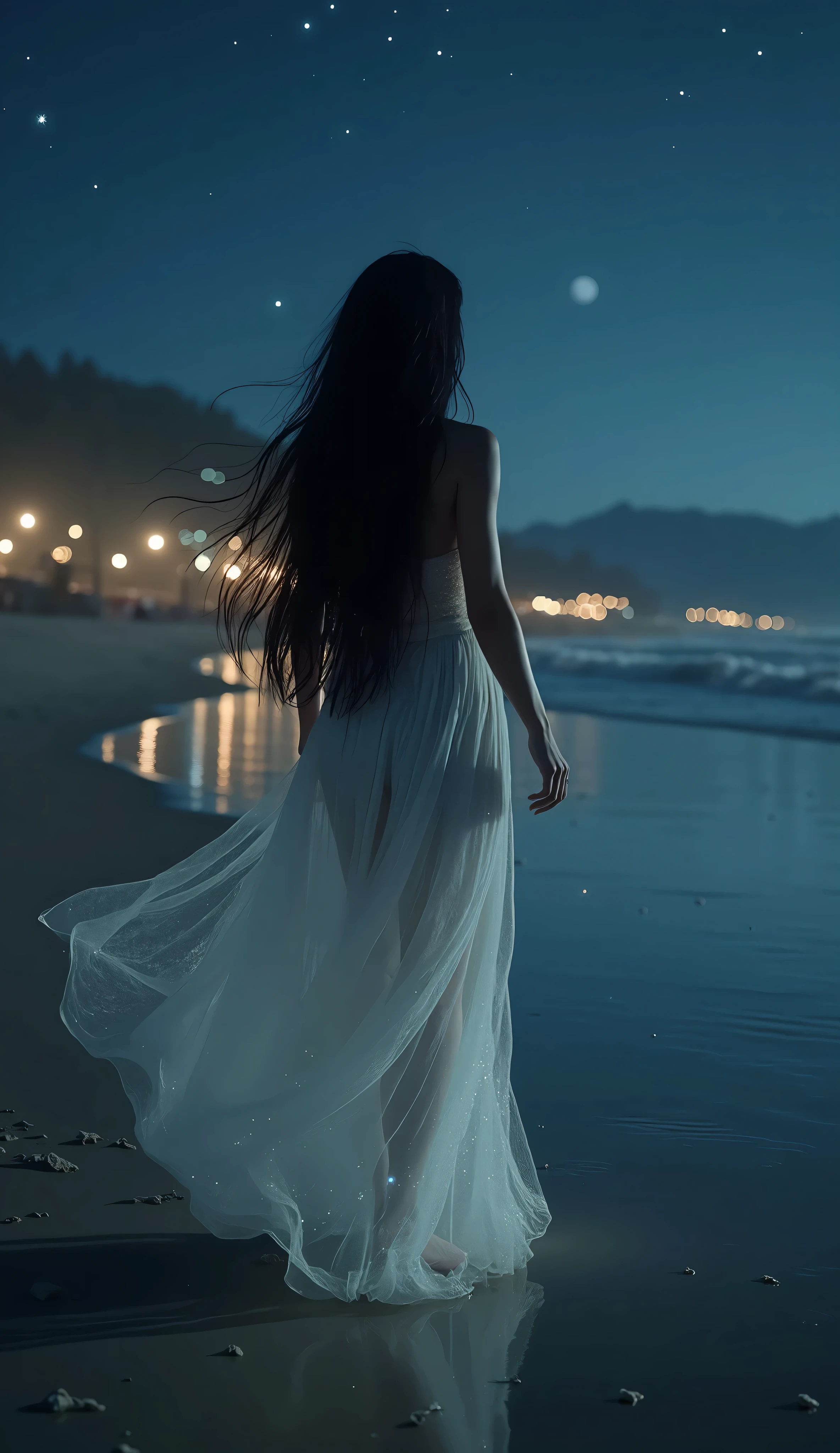 Night scene on a beach with a dark fantasy atmosphere, featuring a beautiful woman with long black hair, wearing a long, white, transparent, or silver dress that shimmers slightly in the dim light. The woman is gracefully moving through the scene, her figure captured mid-motion, perhaps in a delicate dance. The sky is deep and dark, filled with stars, and there is a subtle glow from the moonlight. The woman's dress catches the light, reflecting silver or starlight. The atmosphere should feel magical and cinematic, with the lighting contrasting between the cool, deep blue of the night sky and the warm, glowing lights from a distant city. The details should be finely rendered, with high realism in the textures and light play, maintaining the fantasy mood.