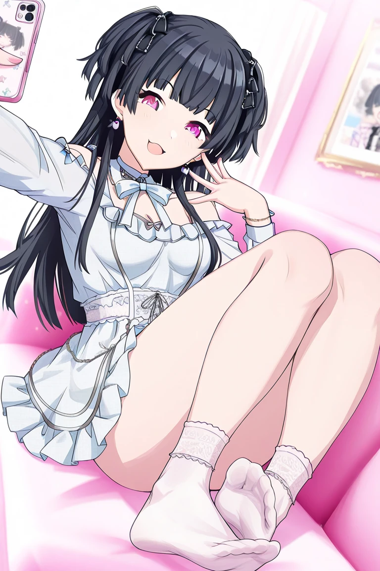 masterpiece, Highest quality,indoor,bedroom,Black ribbon hair ornament,,Small breasts,naked,blush, :o,vaginal,sex,young man,penis,cum in pussy,woman on the top,胸に兼,cum on body,