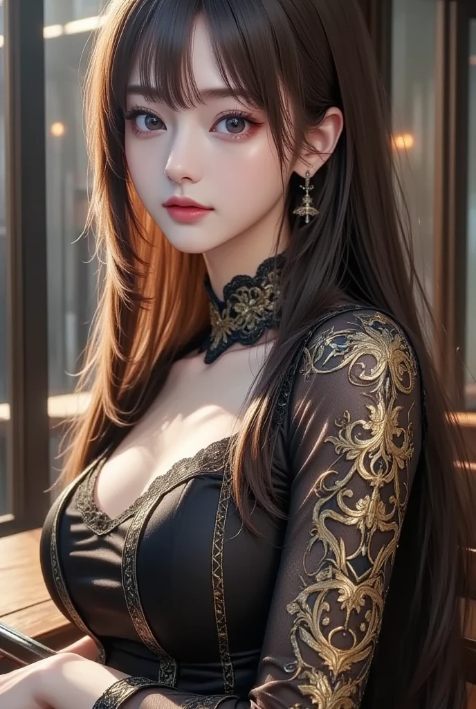 Upper body photo、Take close-up photos of your face、big breasts、Natural Lip、Fair skin、Great light、Beautiful lighting、((brown hair:1.2))、Blunt bangs、Detailed embroidery、Black dress、Off-the-shoulder jacket、Gorgeous Accessories、Knee-high socks、night、Outdoor Background、smile、Cute Smile

