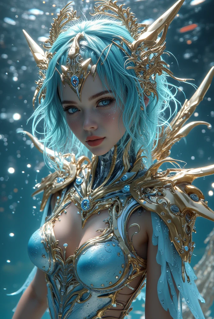 Blue haired beautiful girl with an icy blue colored eyes, wearing a blue and gold battle armor with her pearl and coral headdress, holding her huge claymore sword, standing at the center of the aquatic kingdom with a lot of great white shark behind her.