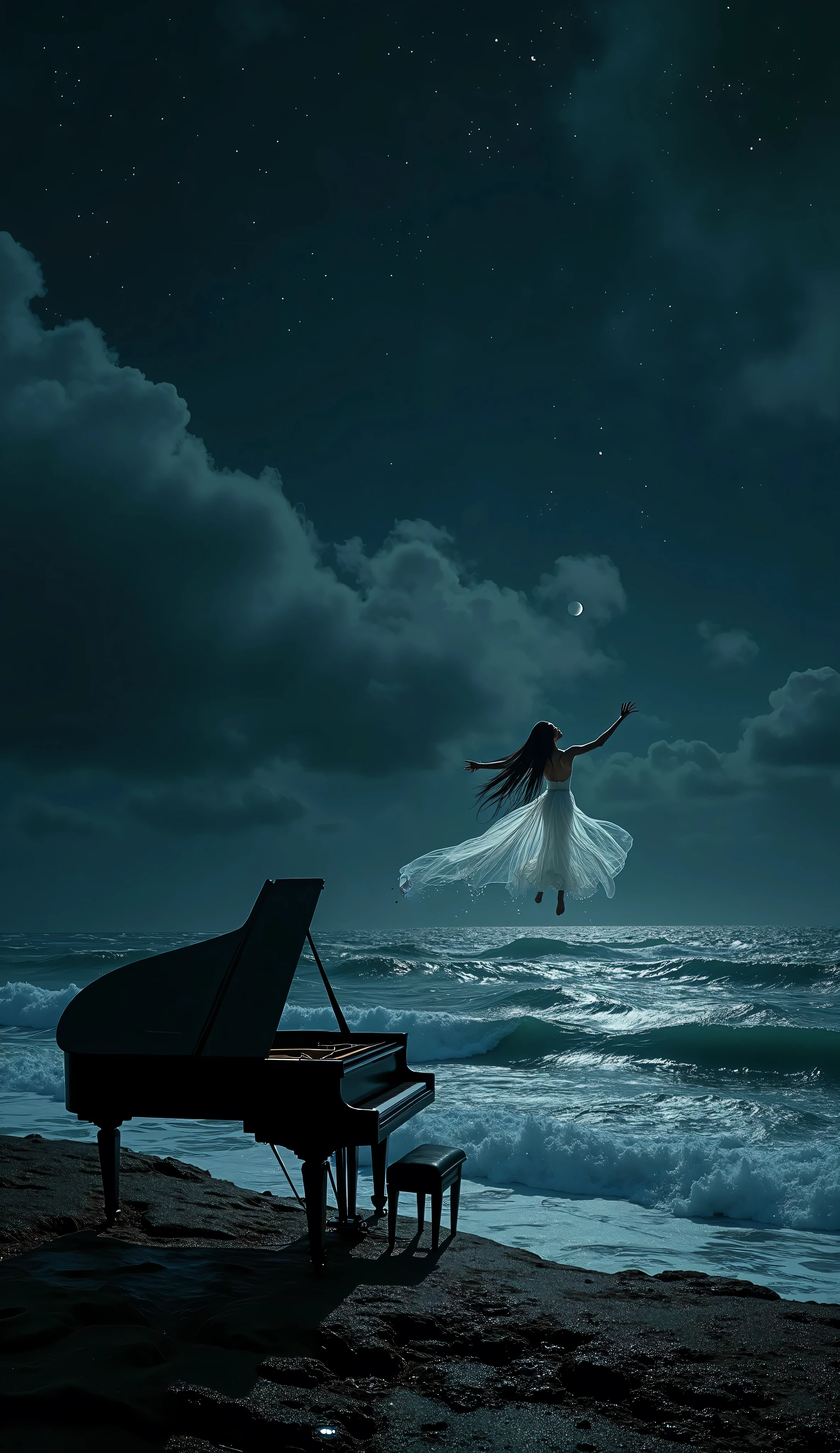 A dark fantasy night scene viewed from the shoreline, depicting a vast, restless sea with rolling waves under a deep black and midnight blue sky. Sparse clouds drift across the heavens, partially veiling faint, distant stars. In the foreground, a weathered, abandoned grand piano stands on the rocky shore, its keys exposed to the elements, as if playing a silent, haunting melody carried by the wind. Out in the open sea, slightly above the water, a ghostly woman with long, flowing black hair gracefully spins in midair. Her ethereal, semi-transparent white gown billows around her, shedding tiny glowing particles that dissolve as they drift down. She is not the focus of the image but rather a haunting presence, occupying only a small portion of the vast, immersive composition. The scene is moody, with chiaroscuro lighting reminiscent of Caravaggio, Rembrandt, and Greg Rutkowski, emphasizing depth, mystery, and an eerie yet mesmerizing beauty. Ultra-detailed, with rich contrast between the night’s deep shadows and subtle silvery highlights from the moon filtering through the clouds.