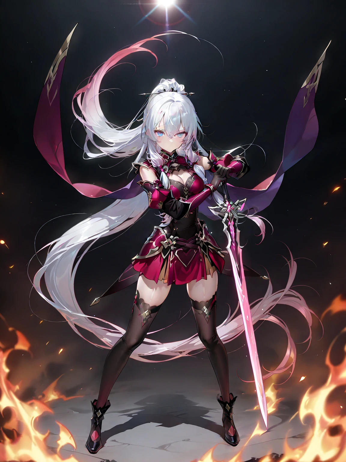 Anime style woman with sword and armor, anime fantasy, Anime Art 4K, Anime Art4k, Best Anime 4K, Anime Art, Amazing artwork from anime, anime fantasyアートワーク, 4K Anime, Are standing,Don'Don't sit,((beautiful girl、Red and black armor、very slim figure、Very thin WAIST、Very thin feet)),Red eyes,((Armor is neck、shoulder、arm、Waist、3cm frill skirt、feet、(Pink Ribbon Panties、Panties are clearly visible))、Long Hair、Silver Hair、Red ribbon、I can see your belly、In his right hand he holds a red long sword、Black wings behind、whole body