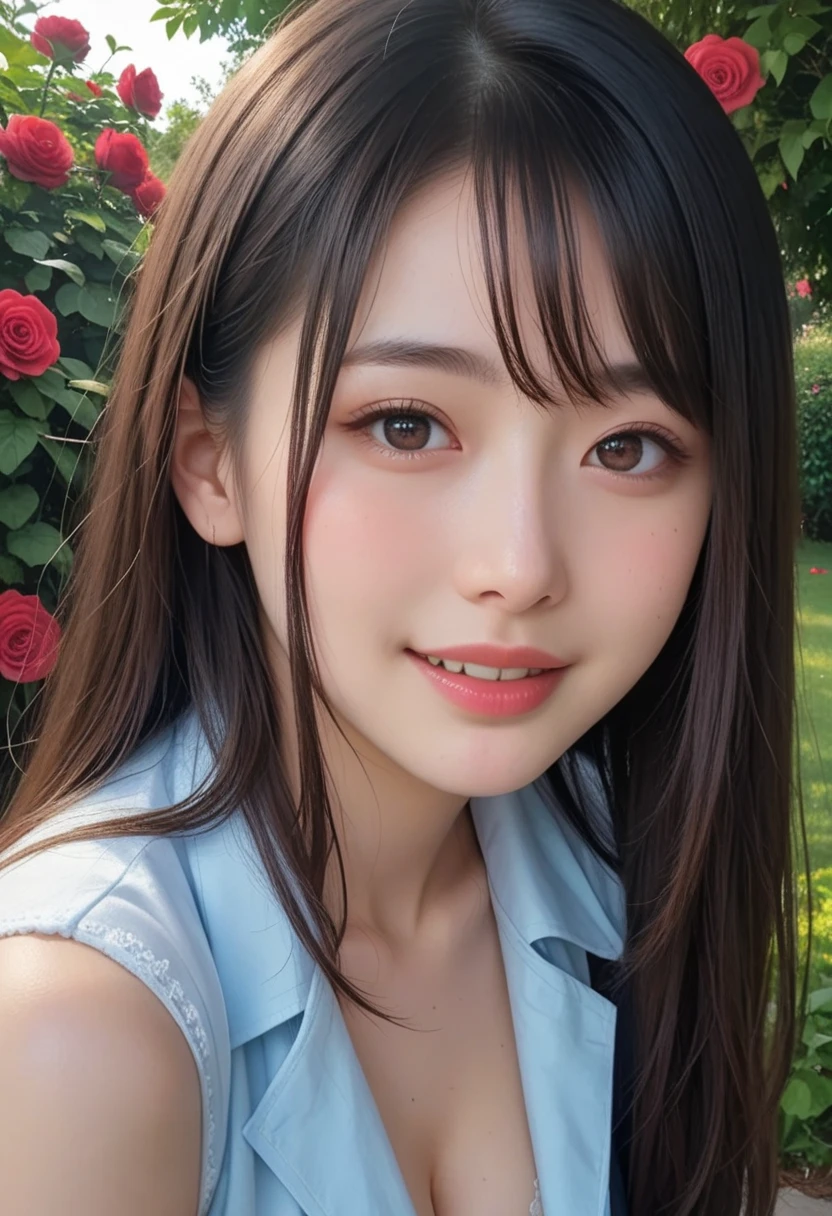 Full Body Angle、((highest quality, 8K, masterpiece: 1.3)), concentrated: 1.2, Cute girl 1,Nipples erect、 Perfect beauty: 1.4,Crisscross V-neck T-shirt, Casual summer short sleeve t-shirt: 1.2,Long sleeve、Randall Color、comics&Text Graphics、Black ruffle-trimmed drawstring zip blouse,1.1, Highly detailed face and skin textures, Fine grain, double eyelid, whitening skin, ,highest quality,Ultra-high resolution,you,1 girl,alone,_Shiny_skin,Iris,necklace,((Brown_length_Wavy_hair)),(lips)),eyelash,Front hair,deal with,compensate,Shiny,pore,skin texture,Large Breasts、smiling face、Front hair、garden、