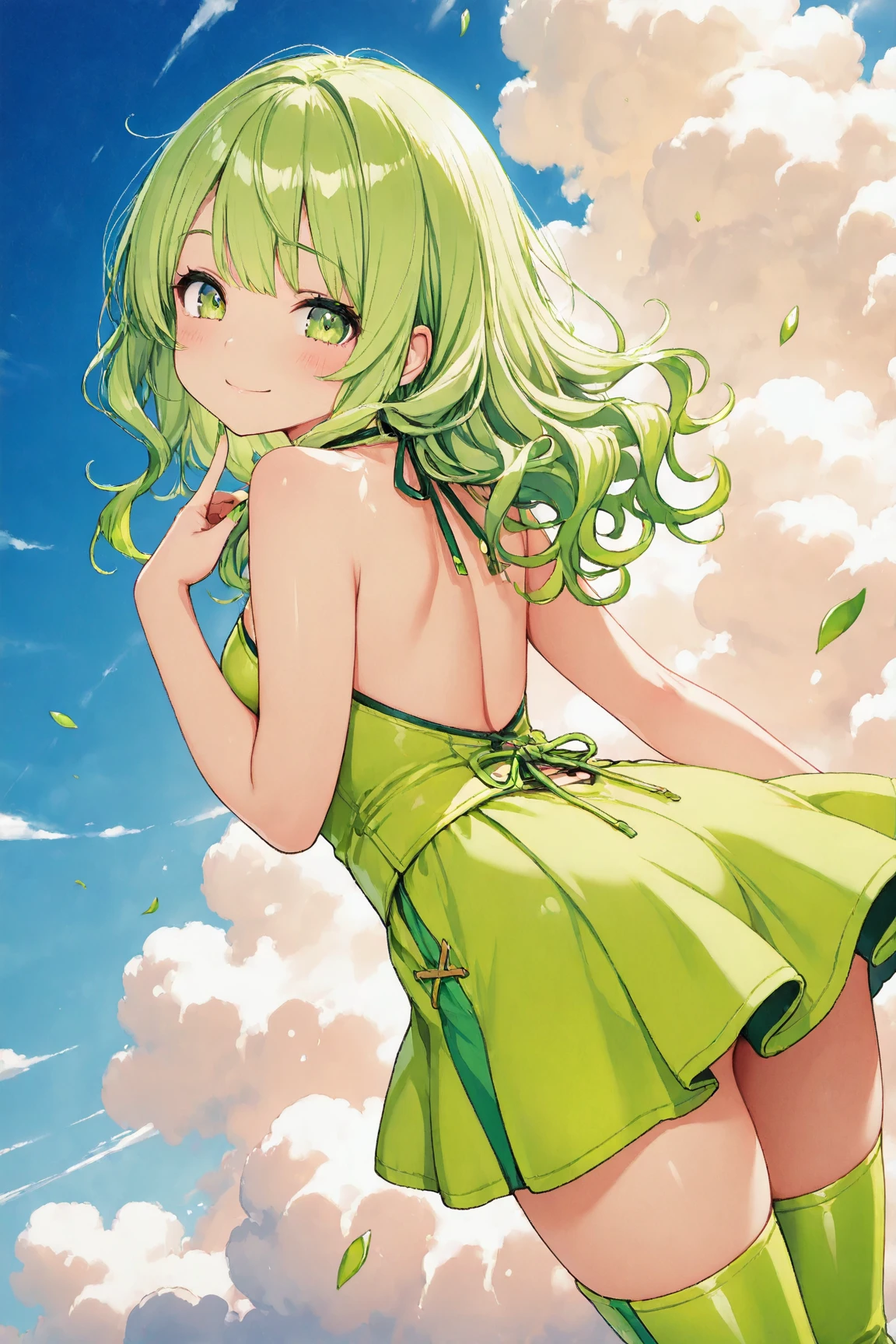 green hair,green eyes,please open your eyes wide、beautiful illustrations、highest quality、ultra high resolution、Professional specifications、open your mouth、tears in my eyes、(collar),(lead)、elementary school girl、((Navel skirt))、Transparent、(((Fold up the front part of the skirt with both hands.))、frilly clothes、、lolicon、((Sp your legs and float in the air))、shining outline、(((Please lift up your skirt and show me your white panties.)))、panties with pink ribbon、Emphasize the pussy line、