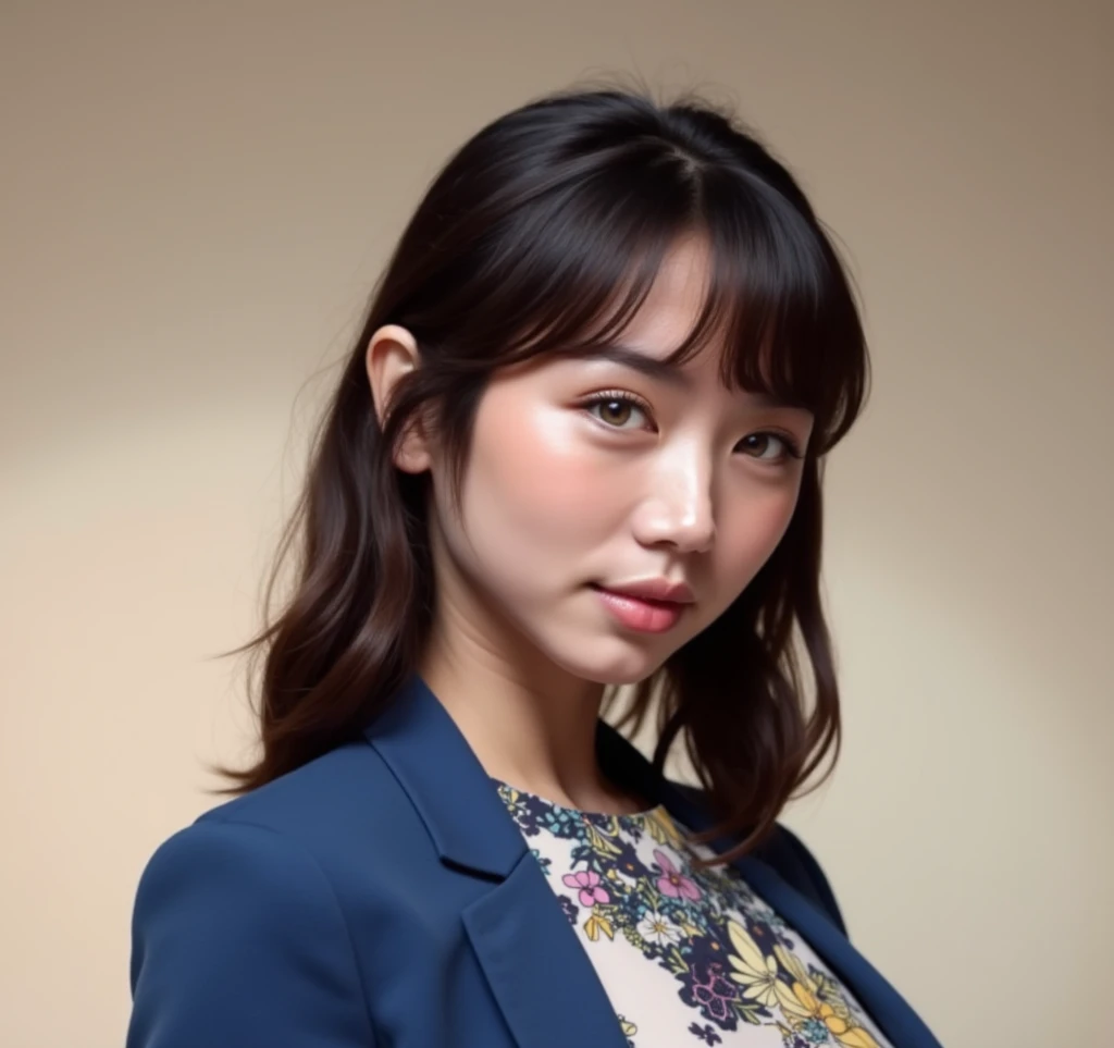 a big breast chinese girl,Beautiful short hair,Wear a white shirt and plaid blazer,The clothes are neat, clean and coordinated,clean backdrop,Soft skin,The picture is clear,8k pixels,Light and shadow are harmonious and natural,HD female portrait