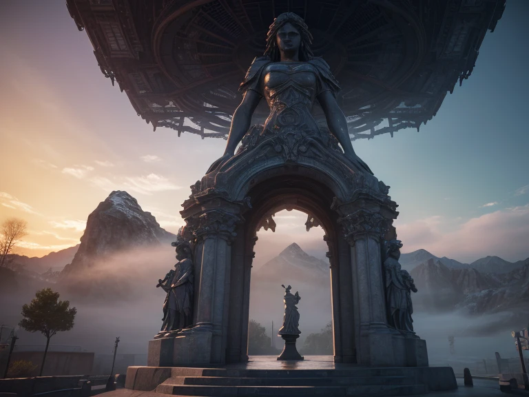 mythological painting style, greg rutkowski, zbrush, epic fantasy scene, oil painting, paranormal realism, digital art, digital painting, artwork, eye level lens, pov, first-person perspective, shiny statue, firelight, cthulhu statue, broken statue, cinematic lighting, high contrast, close up, realistic texture, unreal engine, sunlit statue, broken stone suspended in the air, gold thread, white statue, mystical, mysterious text, head up, low angle camera, Giant shooting, unique perspective, avoid frontal shooting, ((white marble statue)), huge female statue