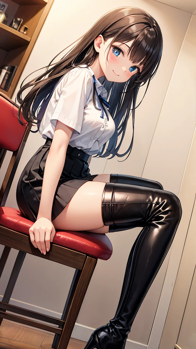 Tifa, squat, V-hand, black pantyhose, tights, white shirt, shirt with collar, cinematic light and shadow, tie, action reference original picture, hip skirt, front side, left hand on leg, one person, two legs, hip wrap skirt, bigtits, smaller head, longer legs, golden ratio, nine-headed body, black leather skirt, high heels, side position, body angle 90 degrees, black high heels, high heels, full body, long hair, office lady, OL, hands on legs, rounded knees, office girl