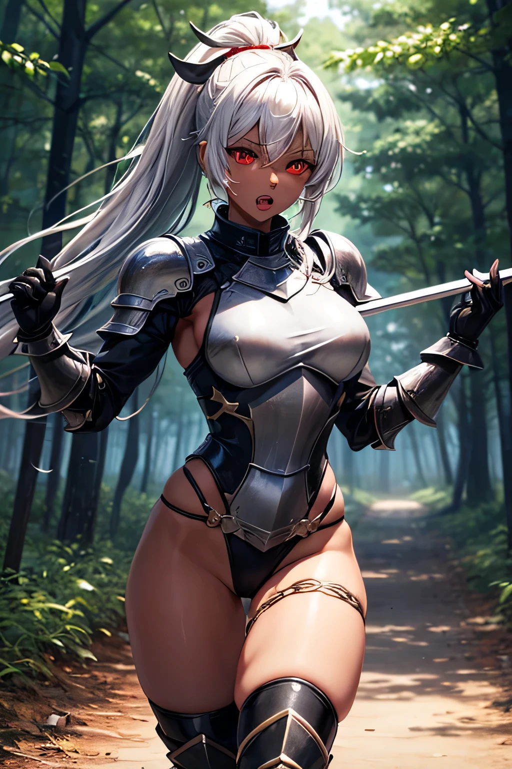 (((Woman))), (((better quality))), (((masterpiece))), (((adult))), (((1 Girl))), ((( square haircut ))), ((( Latin ))), ((( dark skin ))), Uma gladiadora cyberpunk Woman de 25 anos com corpo perfeito, shoulder pads with metal spikes, Brooklyn Gladiators, sunburnt (( square haircut )), tiny leather panties, torn Rugby Time T-shirt, nearly naked in Simon Bisley&#39;s wild urban style for the cover of Heavy Metal magazine, short blond hair, minimum clothing, Metal left arm guard with intricate graphics., muted red with white stars and paisley, dark blue and white, the armor is painted in aggressive graphics, full of thorns and rivets, (((From the knee up))), there&#39;s a wall in the background, painted with intricate designs by Shepard Fairey.