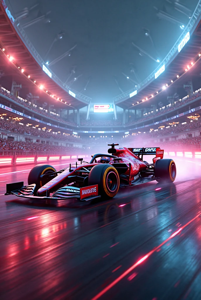 A tall woman, leather outfit, standing next to a F1 car, race track, stadium, futuristic, neon trails