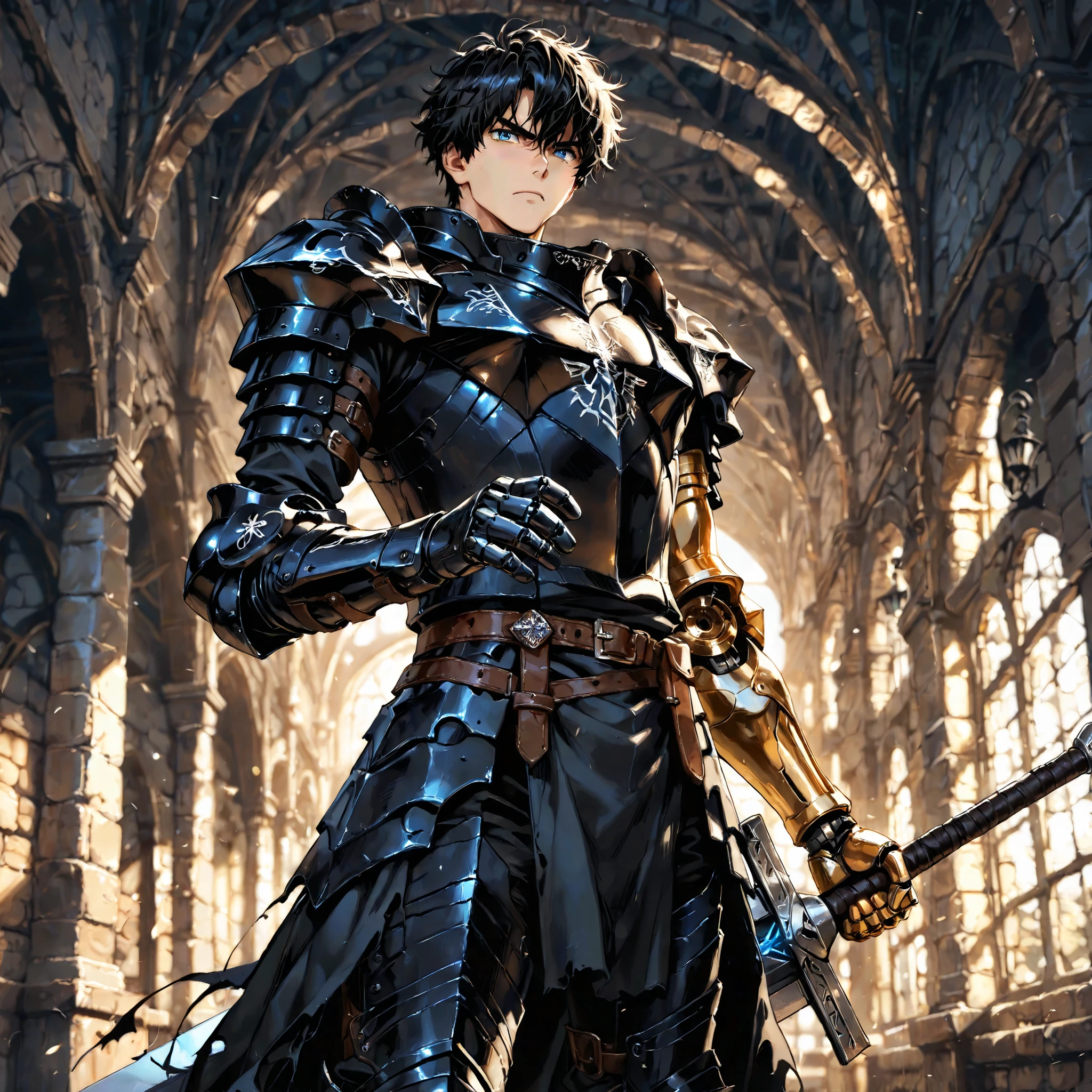 Male, Adult, Black Hair, Blue Eyes, Giant Black Armor, Silver And Gold Left Prosthetic Arm, Perfect Generation, Solo Image, Messy Hair, Detailed Generation, Perfect Sword Generation, Medieval Background, Single Prosthetic Arm, Masculine Face, Perfect Eyes, Serious Expression, Giant Black Colored Longsword, Black Colored Weapon