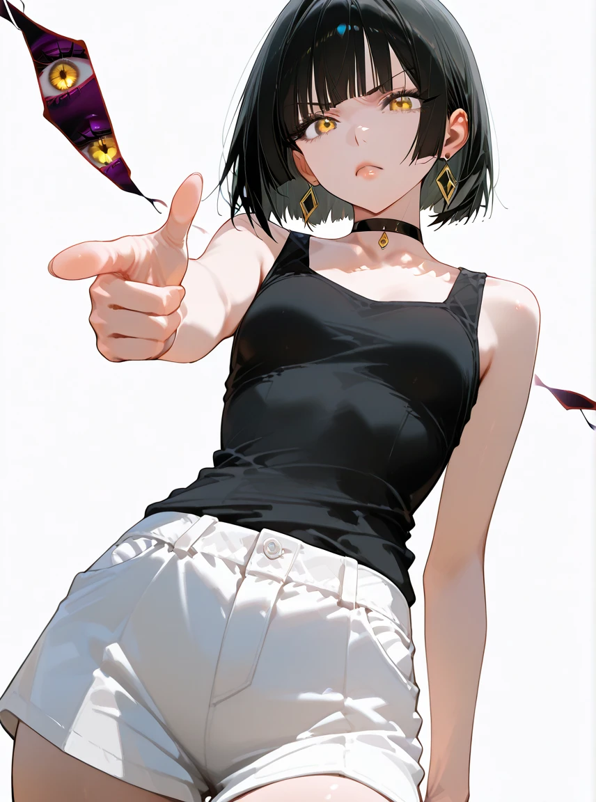 masterpiece, Score_9, Score_8_up, Score_7_up,1 woman, alone, black hair, very short hair, split bangs, gold and orange eyes, half-closed eyes, parted lips, expressionless, pale skin, large breasts, many scars, one scar on one eye, best quality, long open bangs, black sleeveless shirt, black V-neck, baggy pants, high heels