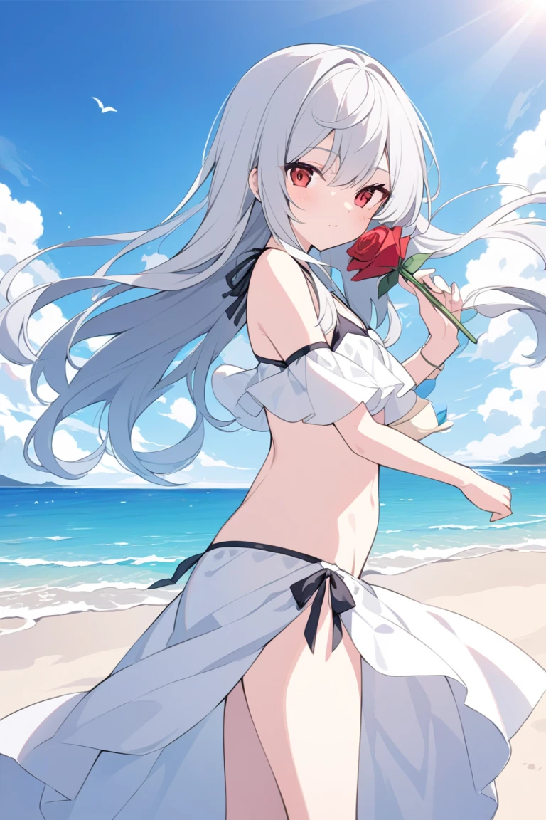 girl, Upper Body, permanent, Long hair, White hair,Red eyes, cnsdress, Swimsuit, outdoor, beach, Blue sky, Sunlight