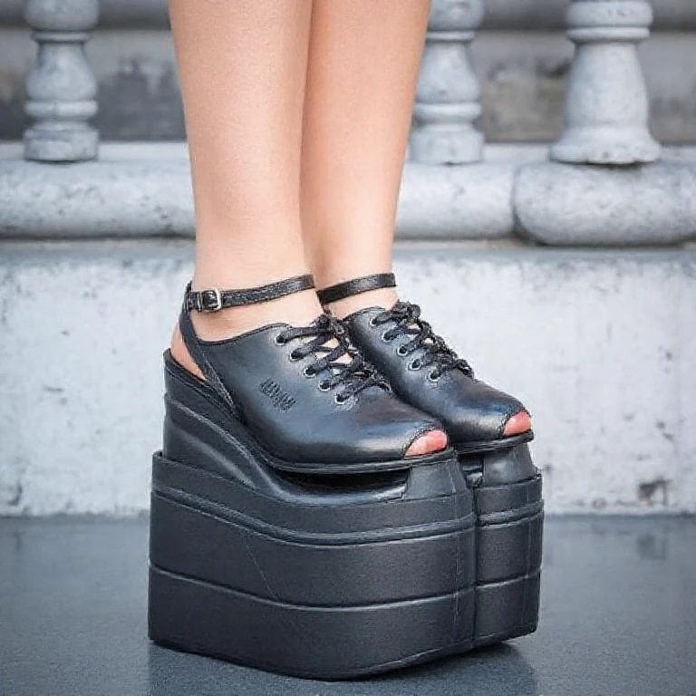 A footwear photo of a model's feet. model is wearing a pair of elegant black shoes with a low platform and square metallic heel. with a strap. black canvas texture. vintage industrial aesthetics. model is wearing thick black tights