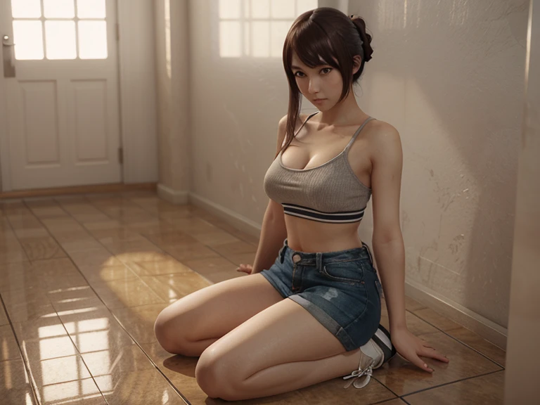 Masterpiece, top quality, ((((Realistic, Photorealistic: 1.37))), 8K, very delicate and beautiful, wonderful, official art with attention to detail, ridiculous, incredibly ridiculous, huge file size, super detailed, very detailed, (beautiful detailed girl), very detailed eyes and face, beautiful detailed eyes, light on the face, nsfw, (one girl), look at the viewer, ( Perfect female figure), slim waist (Korean beauty), full body, big breasts, standing, abdomen, Idol, white t-shirt, denim shorts, summer, vacation, feminine look, short hair, with bangs, smile --auto --s2