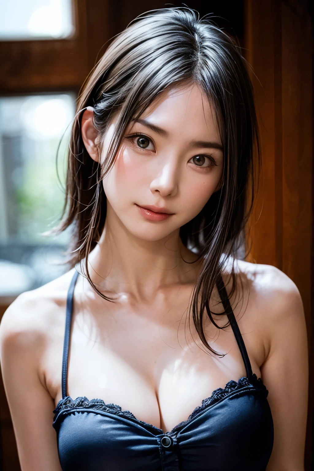 Highly detailed CG Unity 8k wallpaper, of the highest quality, super detailed, masutepiece, Realistic, photographrealistic, extremely detailed cute girl, 25 years old, ,, Upper body , ,Colossal tits,Black eyes,Rubber Dress