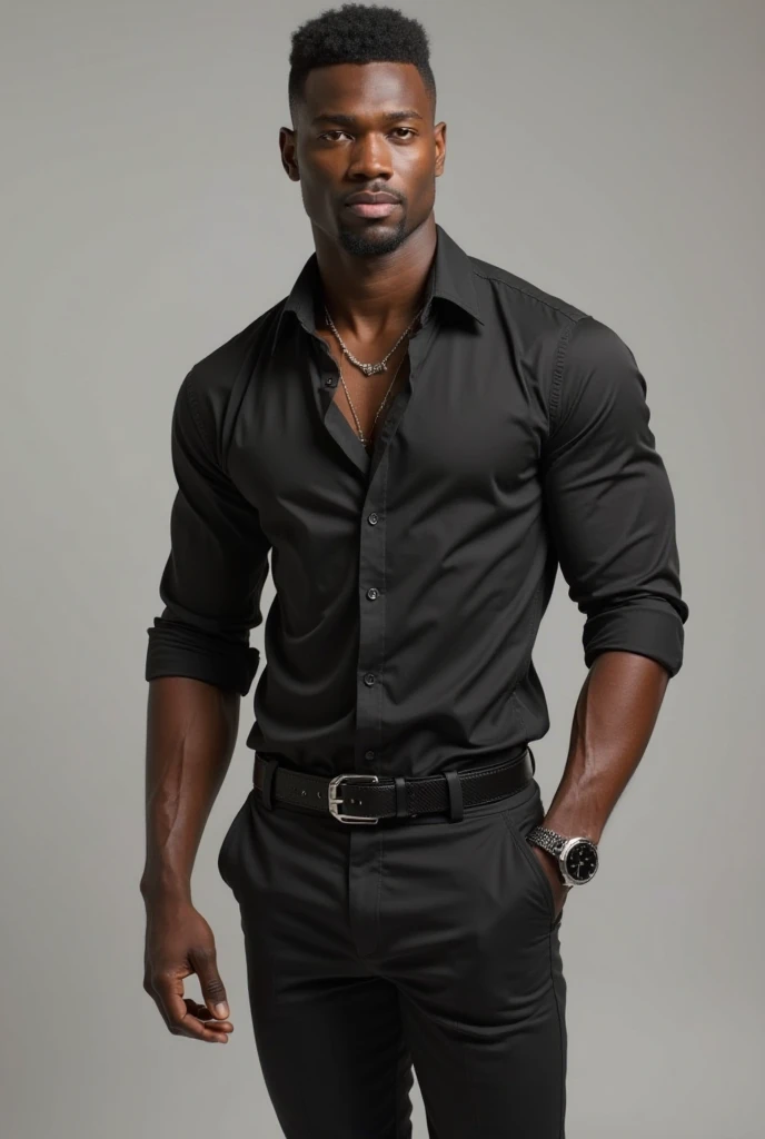 one caracter, a man of 2,4 tall dark skin color, some tattoos on the body, and black clothes, in the background a room of a castle