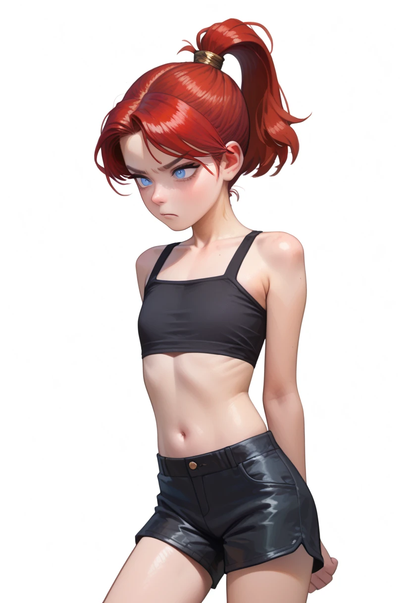 Masterpiece, (Manly girl:1.5) with short ginger hair, punk hair style, half shaved hair style, (Serious face expression), athletic, has fox ears, had fox tail, action pose, wearing short pants and a opened plaid shirt, thick thighs, narrow hips, wearing thigh high socks, solo, alone, no wolves, showing belly, has glowing red eyes, flat chest