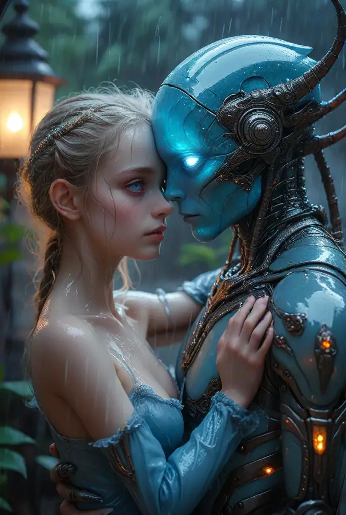 HDR photo, (upper body shot ) of a couple, alien with amphibious body, heterochromia eyes, translucent blue armored skin, long thin antennae, multiple arms, frills, embracing, detailed face, located in a romantic scene at a quiet patio during evening with rainy weather, illuminated by candlelight, creating a tender atmosphere, ,Masterpiece,best quality, photo, realistic, very aesthetic
