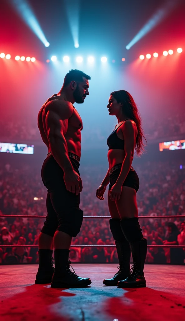 A young Puerto Rican man with a beard, hairy, strong and muscular, in black underwear, standing, On open legs, with a pendulum hanging from his underwear forcing his underwear down, next to a beautiful woman in red panties, in performance on a stage of a television program presented by a famous presenter.