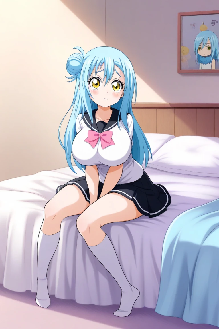 masterpiece, Highest quality, 1 Girl, Lum,Sailor suit, Black Mini Skirt, Grey tights , anime,blush, Smile, Lying in bed, Focus on the feet, Japan, Hotel, High definition, Green Hair, big boobs, groping breasts, touching breasts