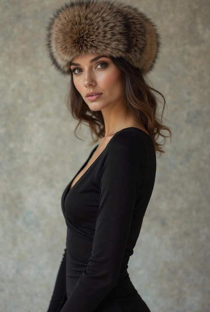 Wearing a fur russian hat and black dress - SeaArt AI