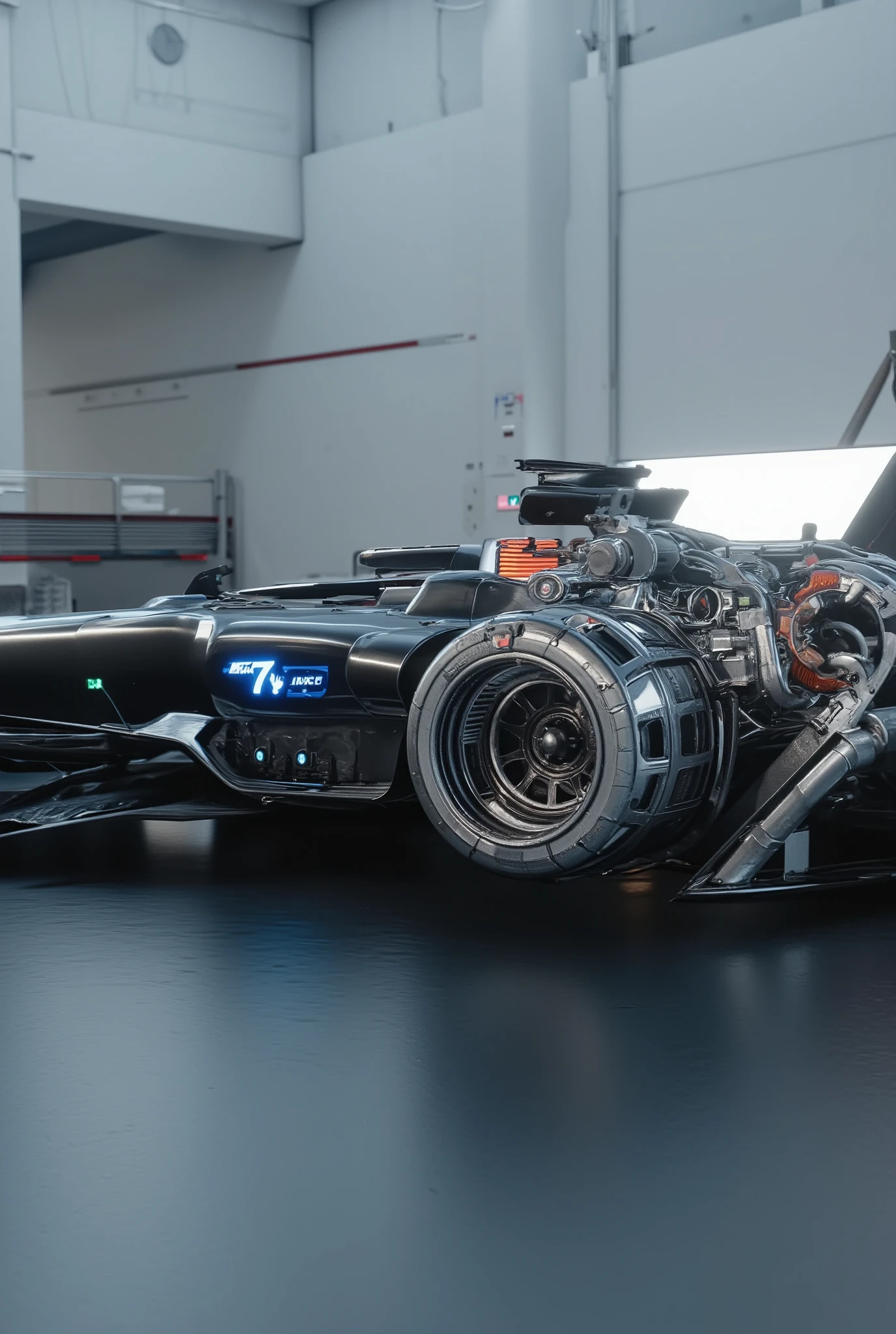 faire une voiture F1 futuriste avec un gros moteur chromé et antigravité, prise de vu réaliste, haute qualité photo.