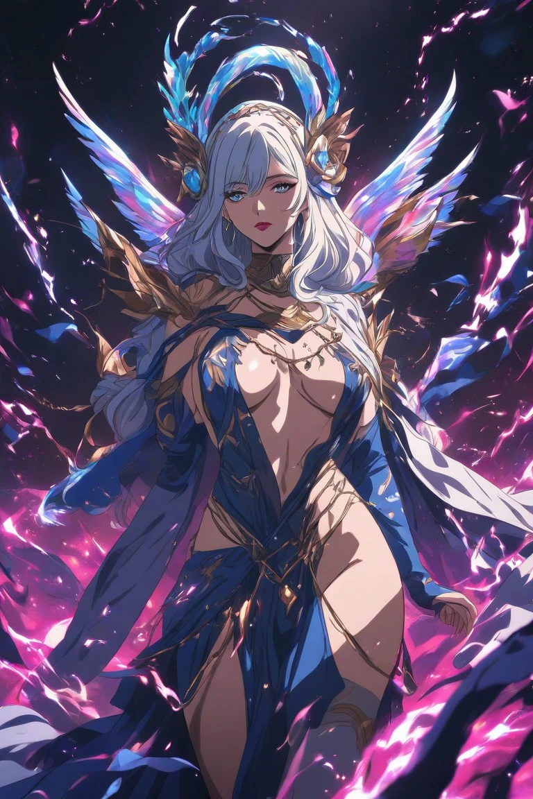 (best quality, 4k, 8k, high resolution, masterpiece: 1.2), ultra-detailed, hauntingly beautiful, powerful, mystical, majestic, mysterious, enchanting, elegant, seductive, goddess, beauty, attractive, divine,  long white dress, Divine dress,floating, shining, robes fluttering, delicate and detailed features, piercing eyes, radiant skin, on a bed, a shining tower, vast wuarto, divine beauty, solemn atmosphere, face portrait