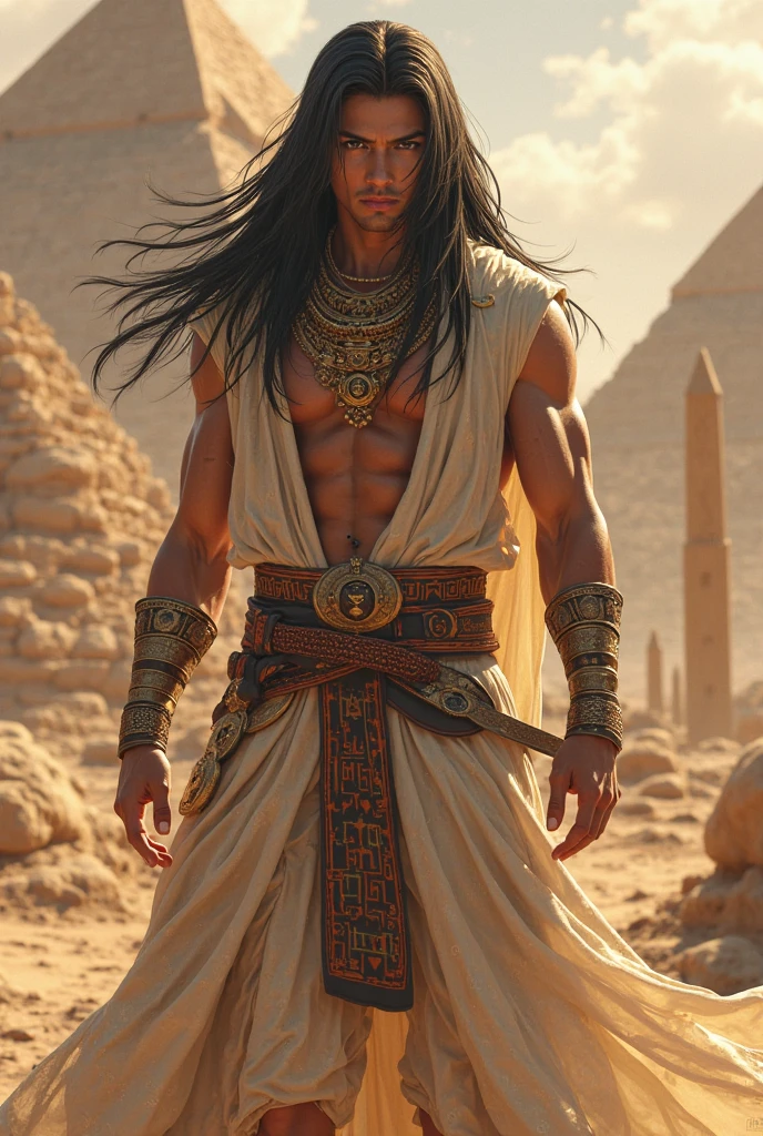 Create an Aasimar with Egyptian features and clothing, make him with masculine features 