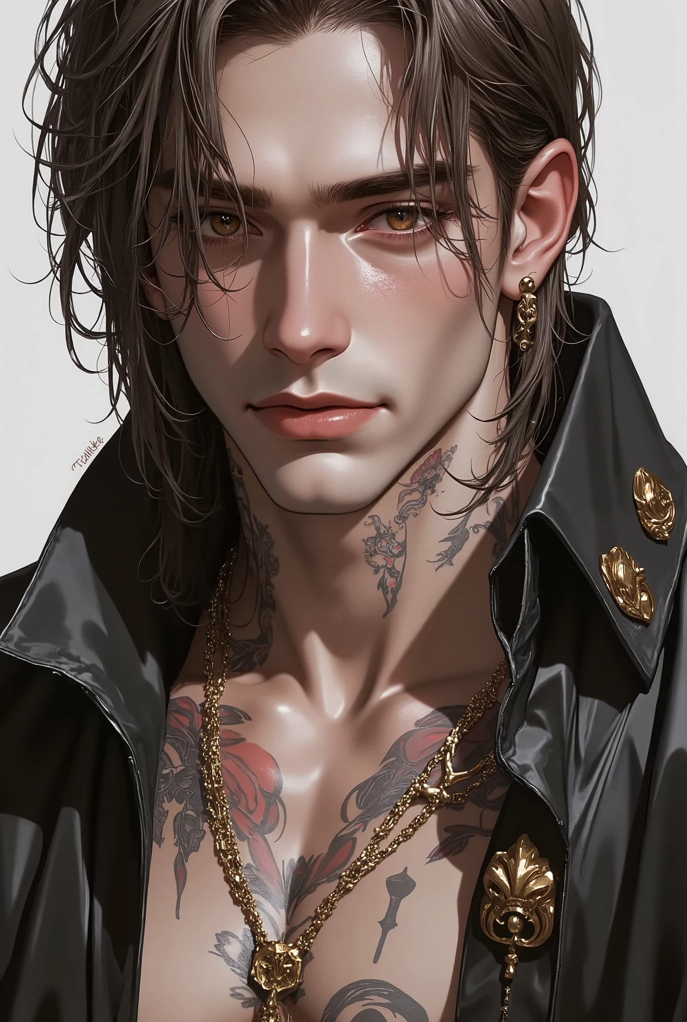 Handsome Arab man with brown eyes and brown hair with blonde highlights. Arab clothes; he is muscular and has tattoos