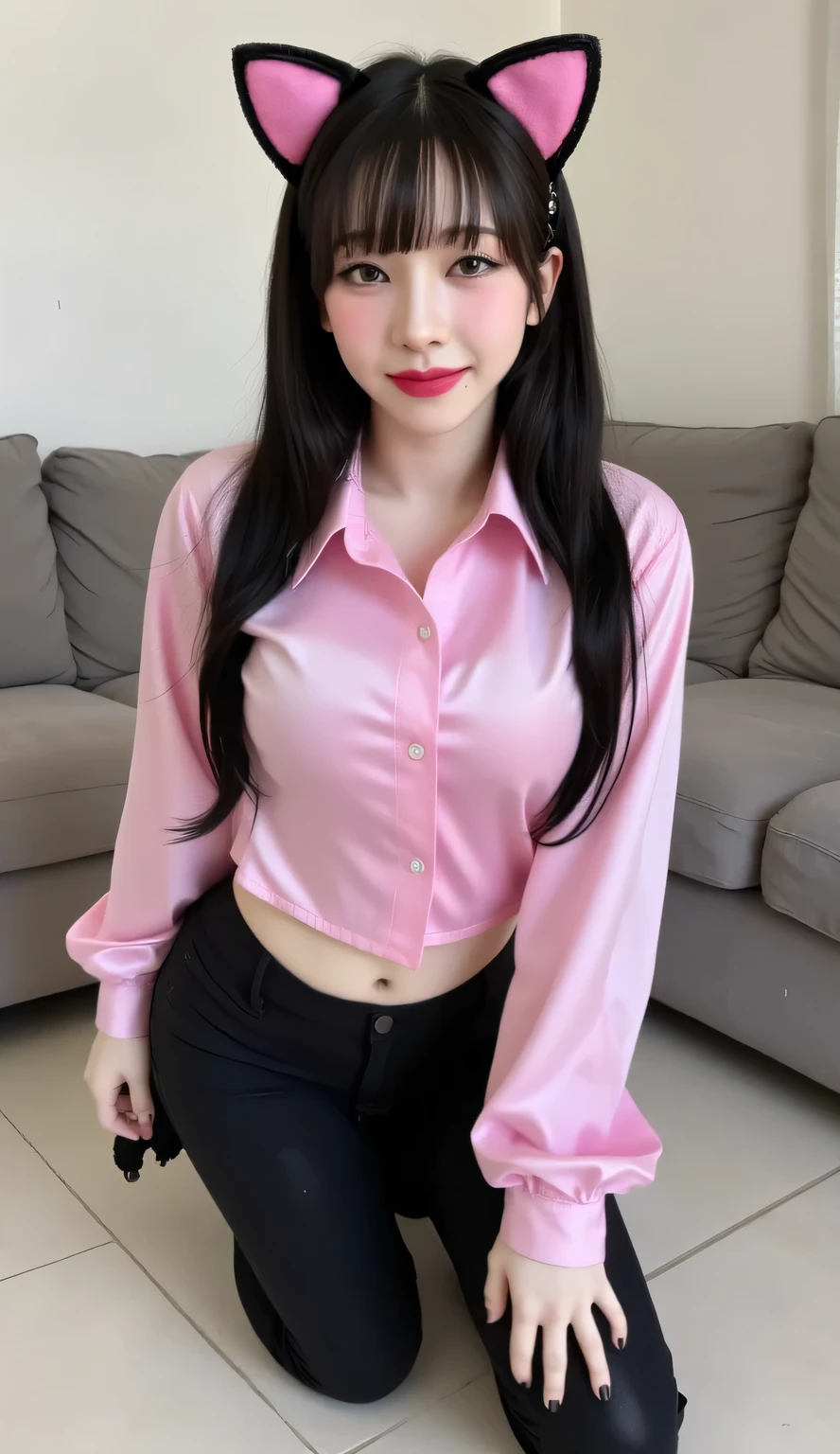 a woman, kneeling living room, hands touching the floor, berpose doggystyle, shirt looks full body,  body facing the camera , eyes looking at camera , wearing a pink satin muslim shirt, black satin material leggings, big , thick red lips, seductive smiley face,  slim waist, visible curves, black bangs, using a cat ear band with a cat tail behind the waist