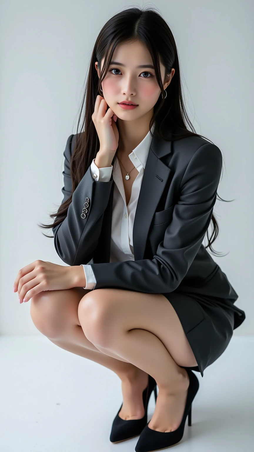 (RAW photos, highest quality), (Realistic, Photorealistic: 1.3), masterpiece, very delicate and beautiful, very elaborate, CG, Unity, 2K wallpapers, wonderful, fine, bright smile, very elaborate CG Unity 8K wallpapers, huge file size, ultra high definition, high resolution, absurdity, soft light, ((short layer hair: 1.3), black hair), One girl with beautiful details, fine fingers, very fine eyes and face, nose beautiful in detail, beautiful eyes in detail, long eyelashes, shining light on face, looking at the viewer, (with mouth slightly open: 1.2) 1 girl, cute, young, mature face, (full body: 1.3) realistic face, realistic body, slender beautiful thighs, (ulzzang-6500-v1. 1:0.8), Japan high school girl school girl uniform, blazer clothes, high-waisted miniskirts, (sitting legs bent at the knees), (camel toe), (half), (socks), (knee bending)