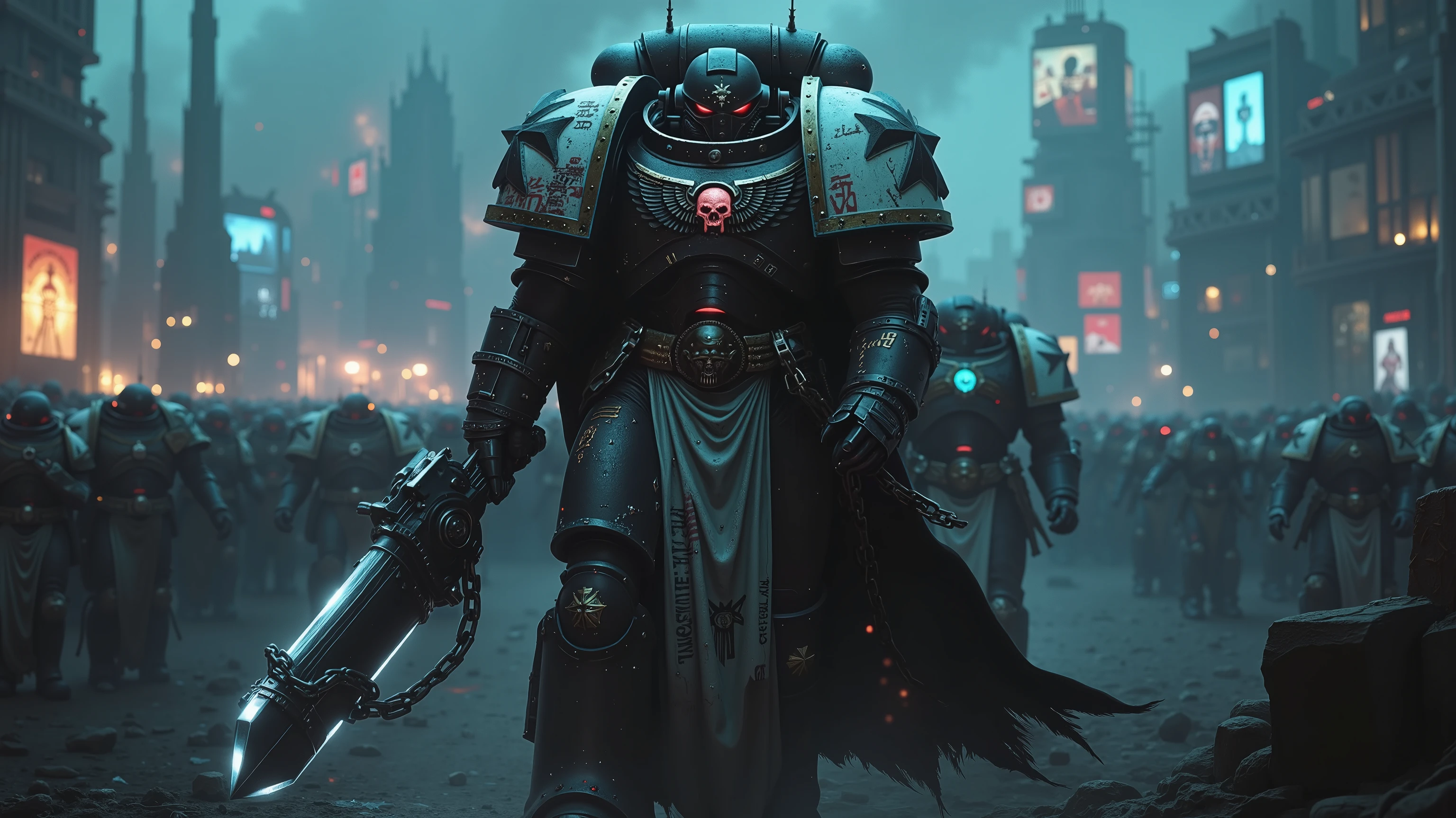 A grim futuristic space marine representing the ideology of Totalitarianism, marching through a dystopian megacity drowned in darkness and silence, dramatic atmosphere, 1 male
He wears terrifying jet-black and steel-gray armor, reinforced with brutal, spike-rimmed plating and symmetrical discipline lines. His chestplate bears a massive glowing eye of surveillance, surrounded by barcode-like inscriptions and authoritarian runes. Each piece of armor is numbered and identical in form, as if mass-produced by decree.
His helmet has no visor — only a blank, featureless steel face with a red glowing slit where eyes should be. A long, tattered cape of charcoal black hangs behind him, embroidered with command codes and forbidden scripts. No emblems of individuality remain — only the will of the regime.
In his right hand, he holds a towering energy flail, chained and crackling with blue electricity. In his left, a neural compliance staff pulsing with control algorithms. Steel restraints hang from his belt as trophies of enforced obedience.
The background shows a decaying metropolis under martial law — towers shaped like fists, propaganda screens flashing faces of compliance. Rows of identical soldiers stand in silence, heads bowed. No voice, no freedom — only obedience.
Shows full body, rigid and dehumanized stance, terrifying armor built for domination, symbol of absolute rule
Photorealistic, masterpiece, realistic, high contrast, cinematic lighting, 8k, ultra detailed armor textures, best quality, ultra high resolution, no text, hyper realism, dramatic shadows