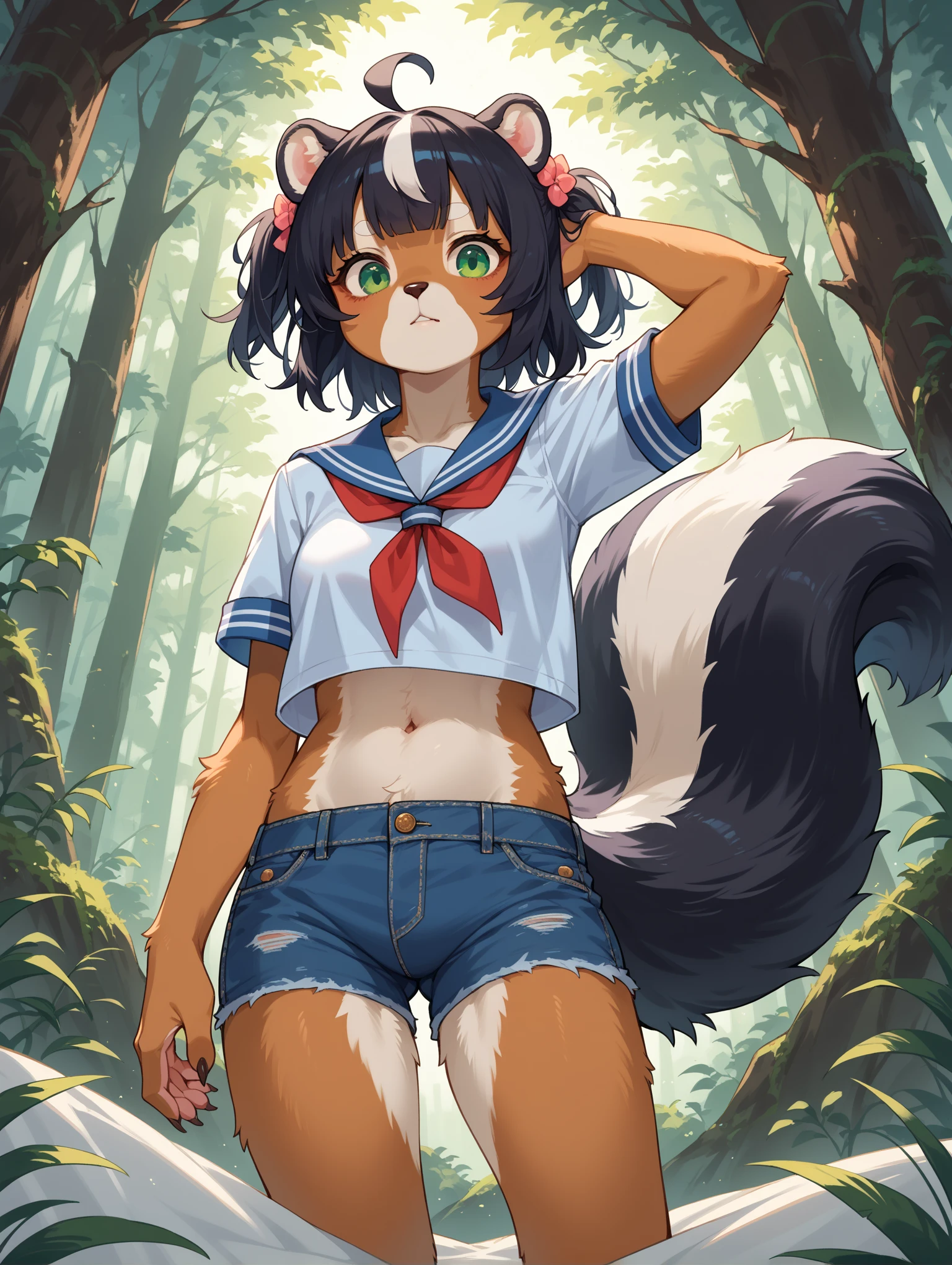 Young girl with black hair, long twintail, twintail hairstyle, (blue eyes), ((small bushy eyebrows)), (wolf ears up), wearing gothic ta, loliclothes, going to school, dull eyes, dull face, going to school, flirtatious smile, small and perky breasts, in a park, wide hips, showing panties