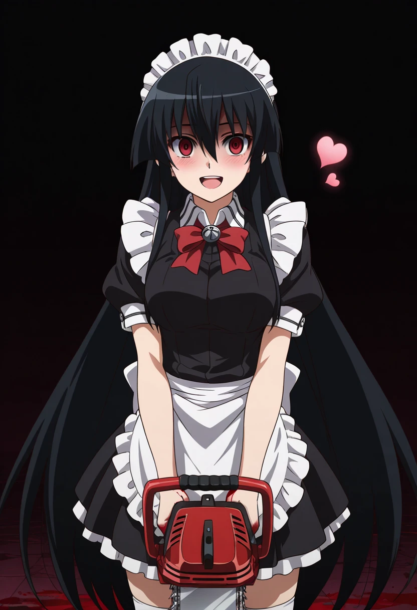 Great quality 8k beautiful masterpiece perfect anatomy 1 girl black hair red eyes in black maid uniform short skirt with white and white stockings in red details small breasts en habitación luces neon
