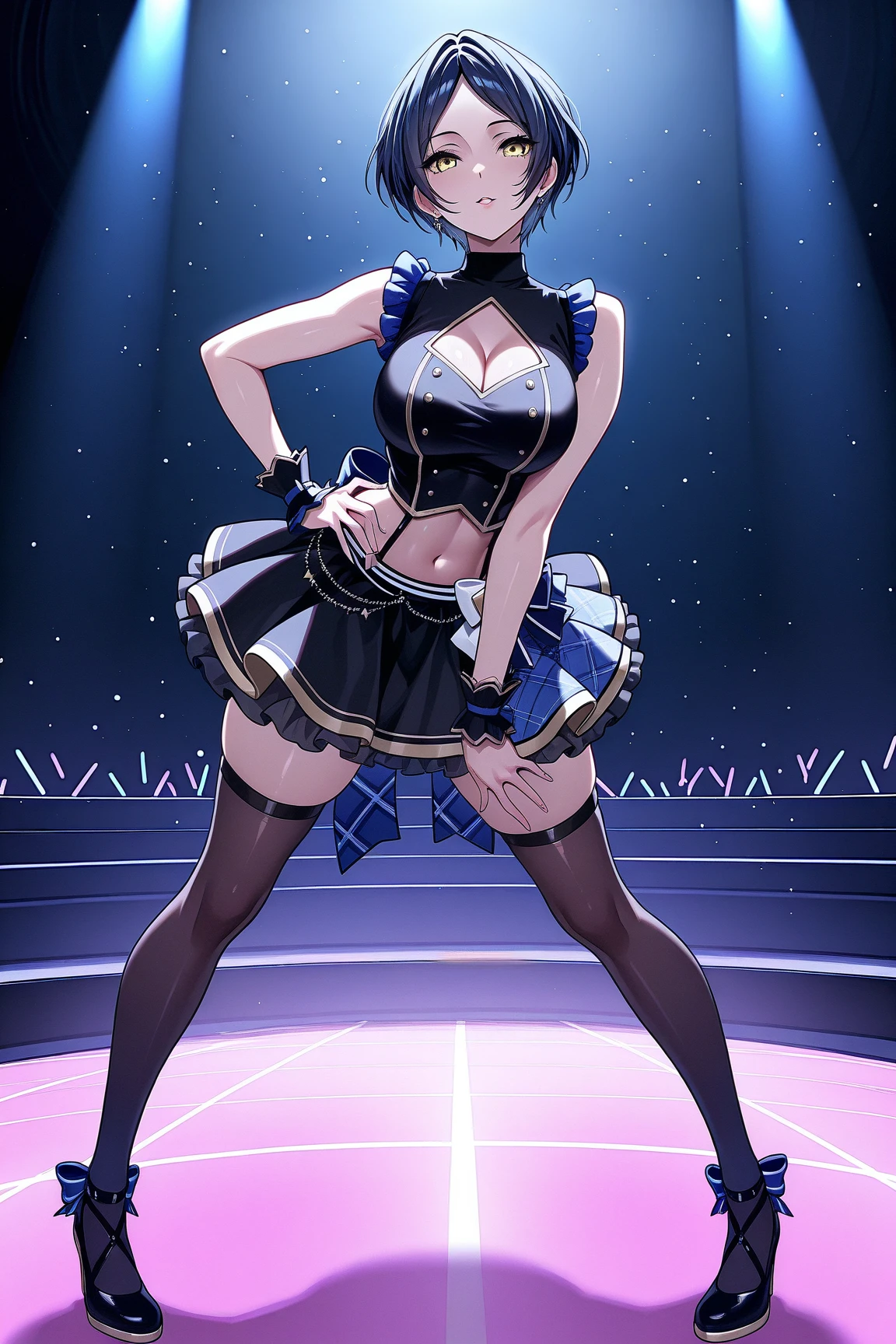 One Girl, Shiny skin, 最high quality, (Game CG:1.4), Browsing Caution, Beautiful face and eyes in every detail,Big Tits、Small lingerie, Severe, Big ample breasts、((最high quality)), (Very detailed), (Very detailed CG 統合 8k 壁紙), Very detailed, High resolutionのRAWカラー写真, Professional photography,From below, (((White lace panties)))、I can see your face、(((A regretful look))),(((Embarrassed face)))、(((Are crying)))、(((Anguished expression)))、Glaring, Angry、(((Her white panties are visible through the)))、((White underwear pattern))、Dancing、((((She is embarrassed that the audience has seen her panties))))、 (((She forgot to put on her underwear so her underwear was completely visible)))、dancing, (((The audience is happy to see her panties))), (((A crowd of spectators point their cameras at her panties))), ((Nipples are visible))、Full Shot、(((Her skirt is flipped up))),(born, 最high quality, masterpiece:1.5), (Realistic, Intricate details:1.2), 超High resolution, (high quality, High resolution, The finer details), alone, Curvy Women, blush, Sweat, Oily skin, Shallow depth of field,(masterpiece、最high quality、High resolution、Unity 8k wallpaper、Very detailedCG:1)、(Awareness-raising:1.0)、One Girl、最high quality、8Kmasterpiece、((software)), ((multiple girls)), (18-year-old female, Beautiful detailed woman, policewoman),( Blue Hair),(short hair),White and thin uniform,(Black leather micro mini skirt), ((With a shy look:1.5)), Huge breasts, Hard nipples, Slim Waist, Thick thighs, Ultra mini skirt, ((Black Pantyhose)), (((I'll lift my skirt to show you my pantyhose))), ((Leg spread)), (Please open your legs),, look down,((Skirt Lift)),(((Boldly flip up the skirt)))