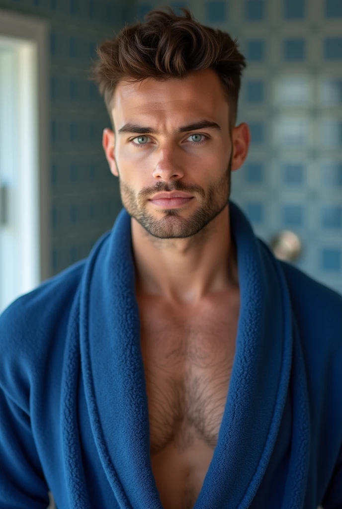 realistic photos,handsome man , waist towel ,living room