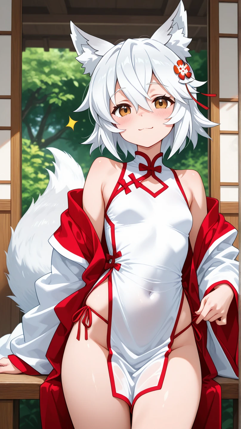 one girl, fox ears, shrine maiden, white hair, beautiful, gently, naive, smile cutely, red eyes, sacred, medium breasts, nude