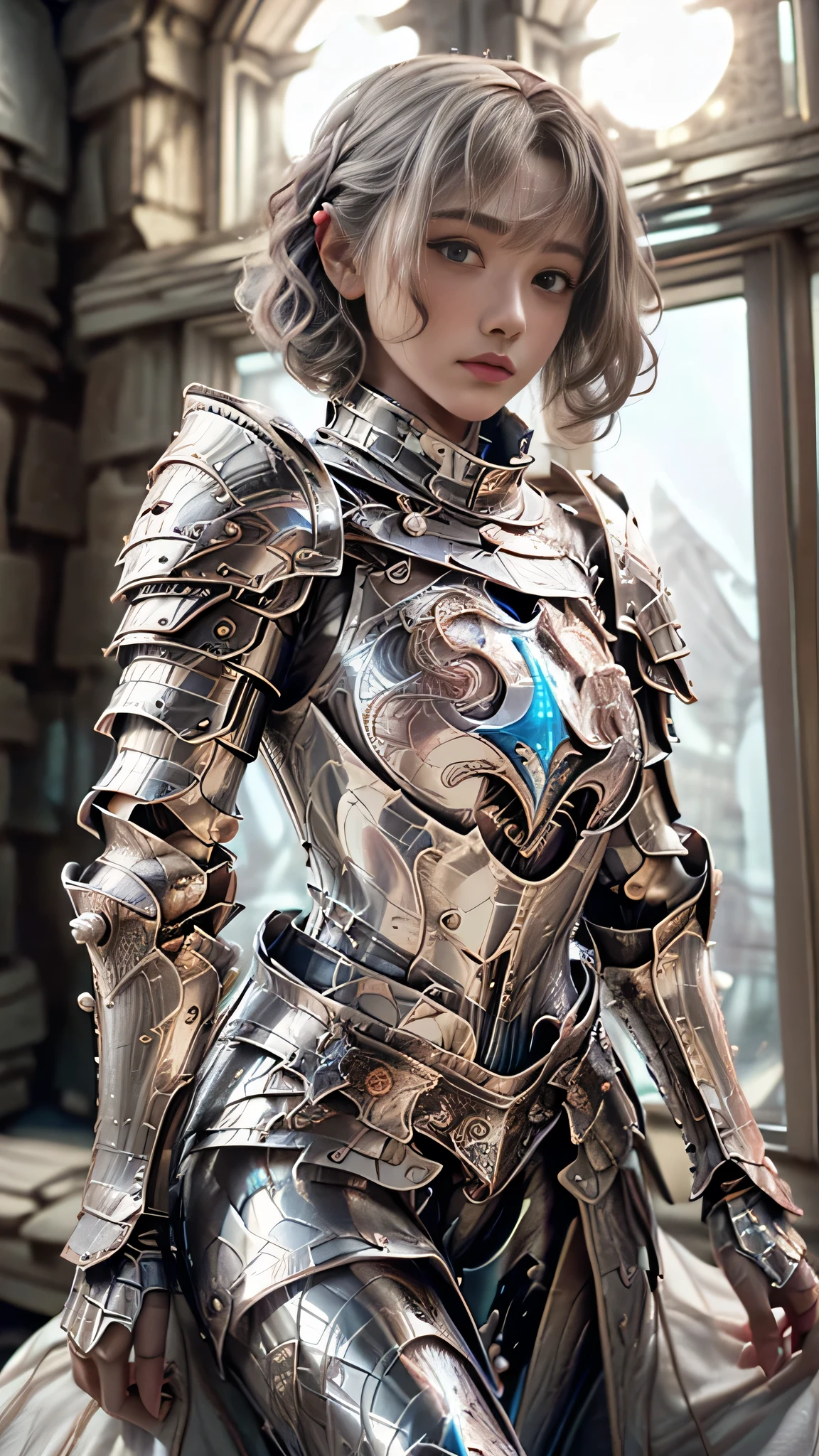 ((eye contact:1)), a single female knight, (expressionless with closed mouth and slight blush:1, glossy and shiny hair:1.6), ((vivid and beautiful light blue hair:1.0)), ((translucent and radiant pale blue hair:1.2)), ((short bob hairstyle:1.6)), (bouncy curls:1.6), (slightly upturned lips, moist and glossy lips:1), (slim and toned waist:1.3, beautiful leg lines:1)
((sexy knight armor in silver and white:1.6)), ((slightly open chest design:1.5)), ((combination of glossy metal armor and soft fabric:1.5)), ((long armored skirt with slits:1.4))
((stone room in an ancient castle:1.6)), ((warm torchlight on stone walls:1.5)), ((soft moonlight streaming through the window:1.5)), ((medieval, solemn, and calm atmosphere:1.5)), (gentle warm lighting illuminating the skin:1.5)
((cowboy shot:1.5)), ((slightly top-down angle:1.5))