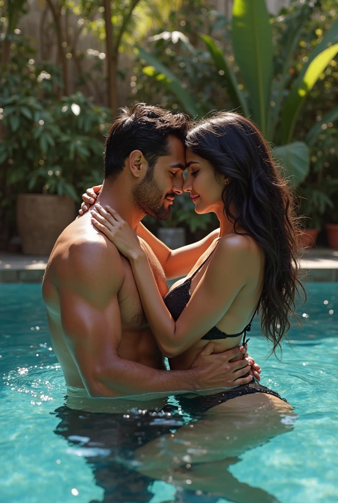 Indian brown mom in bikini,big Breasts,deep cleavage with a age lean boy wearing swimsuit, sedusing mom thick thighs, boy squeezing moms big breasts, side view,
