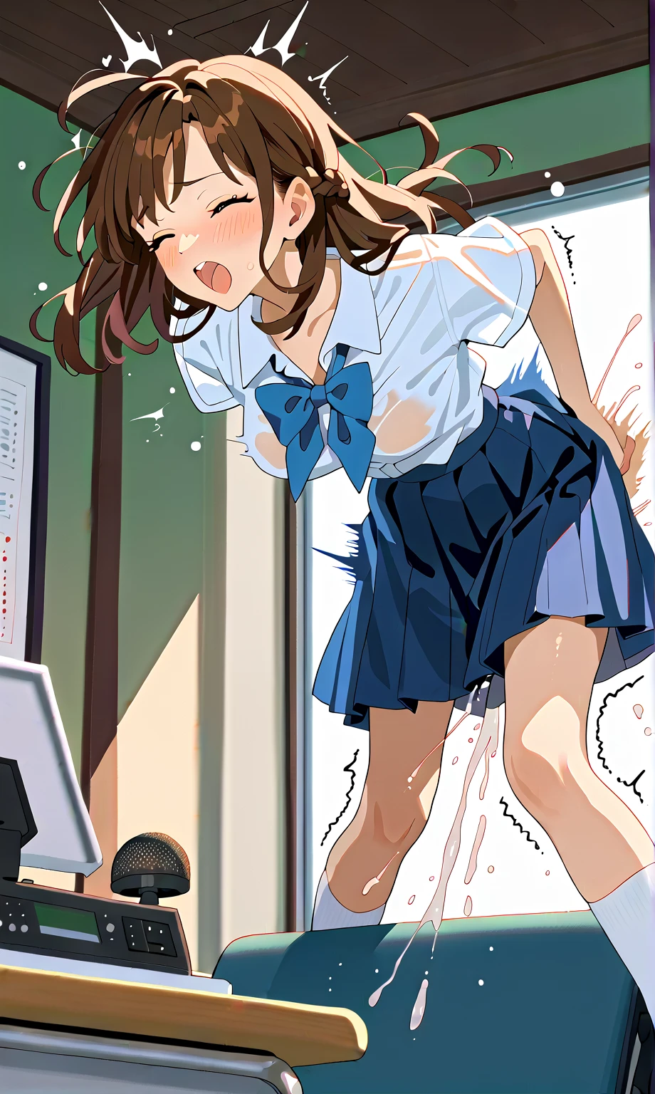 nsfw, (masterpiece, top quality, best quality, highly detailed:1.6), extremely detailed CG unity 8k wallpaper, strong facial expression, (sharp eye:1.2), (scowl:1.1), (embarrassed, blush:1.3), (steam:1.8), (wet:1.2), (sweat:1.1), (trembling:1.3), (open mouth, wavy mouth:1.4), (harf open eyes:1.5), (feeling weak:1.5), (shoot from front, looking at viewer:1.2), (leaning forward,close knees, hands between legs, pee running down legs:2), (((clutching crotch))), (dance studio:2), (woman, indoor, knee length t-shirt dress, spats, black short leggings:2), (long hair, brown hair, ponytail:1.5), (woman trembling with sexual climax:1.5), colorful, full body, wide shot, perfect composition, urination, incontinence, piss, peeing self, A lot of pee, pee running down legs, (((pee stream))), (pee puddle), wetting herself, pee stain, peeing, blush, trembling, embarrassed, large breasts, Yellow pee, ((leaking pee)), Shaking one's shoulders, Breaking a sweat on forehead, puddle of pee, Pee at your feet, Pee spread on the floor, Pee stains, Dripping pee between my legs, Feet wet from pee, Pee-covered feet, Pee at your feet, want to pee, about to pee, Full bladder, Pee-soaked spats, Pee-soaked shoes, natural makeup,