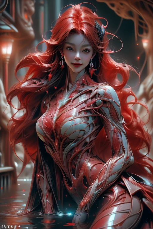 (beautiful girl:1.25), (megan fox:1.25), (young bodybuilder girl wearing cybernetic muscle suit:1.25), (medusa head with tentacles:1.25), carnage muscular physique, seductive face, mouth wide open carnage style, long red hair, perfect muscular body, super skinny legs, sissy, femboy, (carnage style physique), (large fake breasts:1.45)